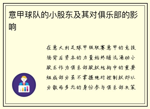 意甲球队的小股东及其对俱乐部的影响
