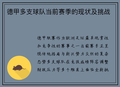 德甲多支球队当前赛季的现状及挑战