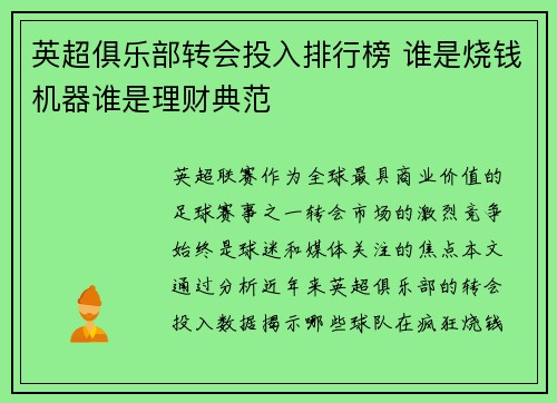 英超俱乐部转会投入排行榜 谁是烧钱机器谁是理财典范